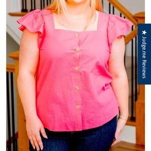 BLU PEPPER 2XL Pink Button Up Blouse With Flutter Sleeves